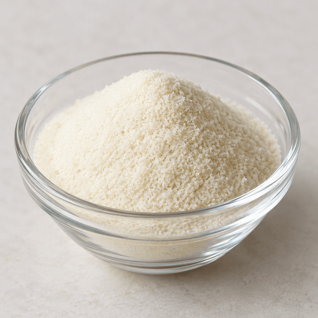 A small mound of fine, pale ivory gelatin powder with a dry, slightly granular texture, shown in a shallow clear glass bowl.