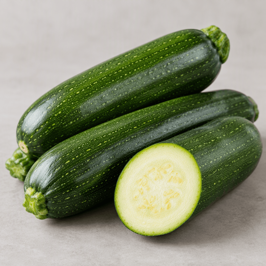 Several smooth, elongated zucchini with glossy dark-green skin, rounded ends, and subtle pale speckles are arranged on a plain surface, with one cut open to reveal firm, pale green flesh and a soft center of tiny cream-colored seeds.