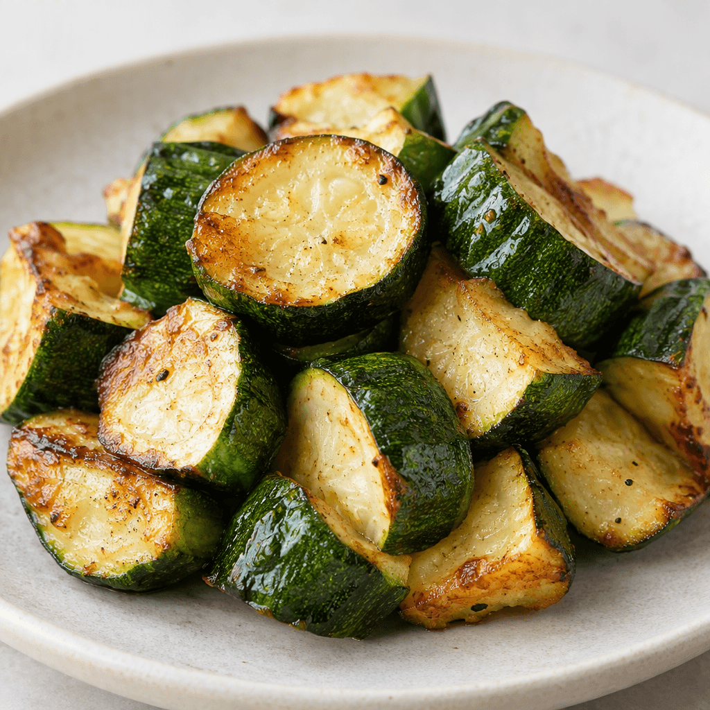 Thick zucchini pieces with glossy green skin, soft pale cream interiors, and lightly browned, crisp-looking edges are arranged on a plate.