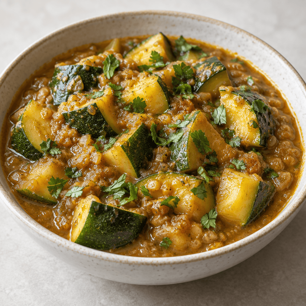 Chunky pieces of green-skinned zucchini sit in a thick golden-brown sauce, served in a shallow bowl with a light scattering of chopped green herbs.
