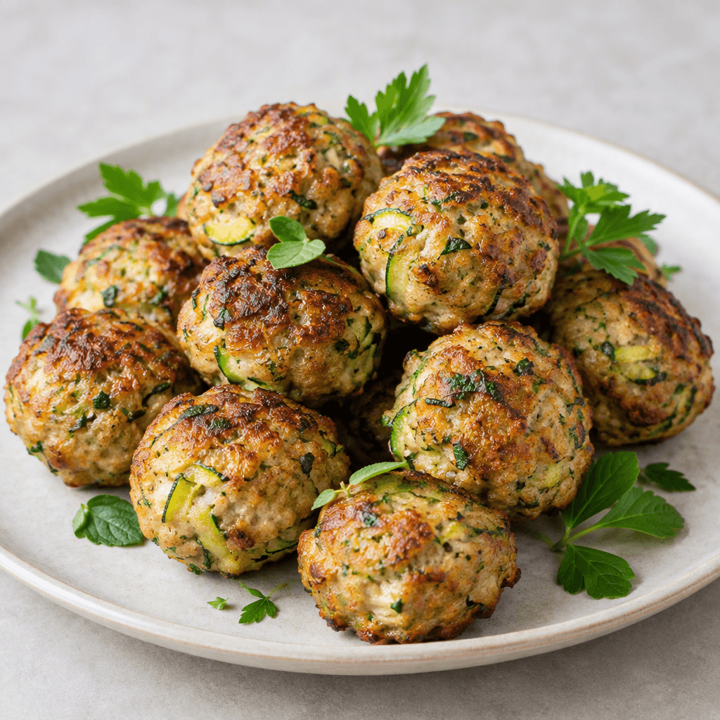Small, round zucchini meatballs with a golden-brown, lightly crisp exterior and flecks of green zucchini, arranged on a plate with a few fresh herbs.