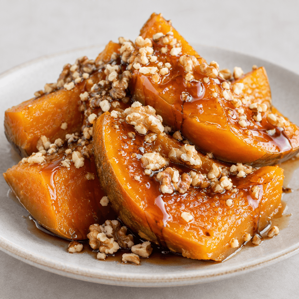 Thick, glossy orange pumpkin wedges are arranged on a plate, topped with pale crushed walnuts and drizzled with dark syrup, with a soft, moist surface and slightly translucent edges.