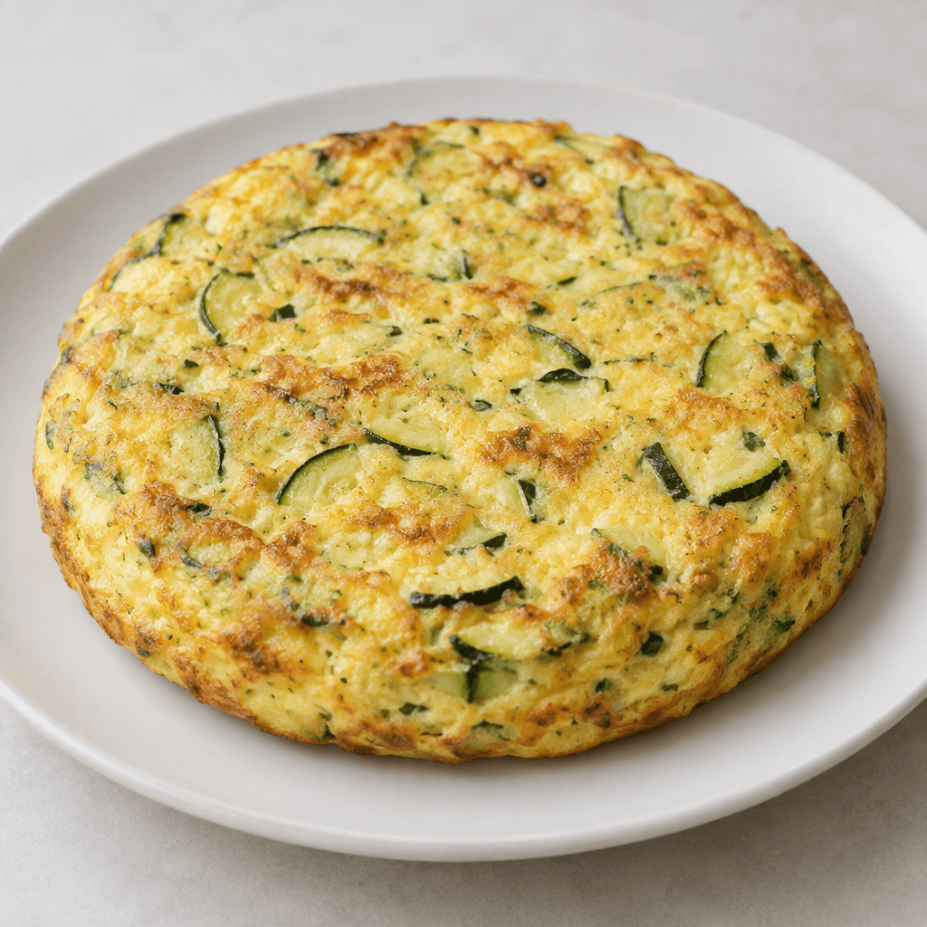 A thick, round omelette with a pale golden-yellow surface, visible soft green zucchini pieces throughout, lightly browned edges, and a tender, slightly uneven texture, served whole on a plain plate.