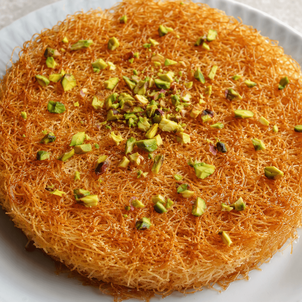 Golden-brown, fine shredded pastry strands form a crisp, tangled layer or individual nests, glistening with syrup and topped with scattered green pistachio pieces, served in neat squares or rounds on a plate.