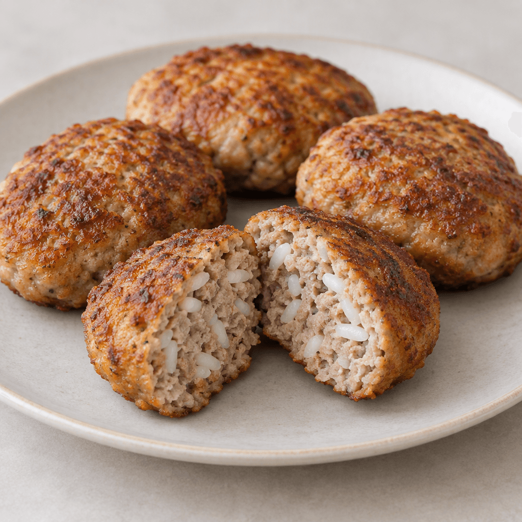 Several oval, slightly flattened meatballs with a crisp golden-brown coating are arranged on a plate, with one cut open to reveal a tender beige minced-meat interior dotted with visible white rice grains.