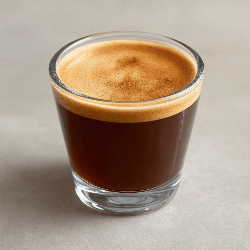 A dark brown decaf lungo fills a small cup, topped with a thin layer of light tan crema.