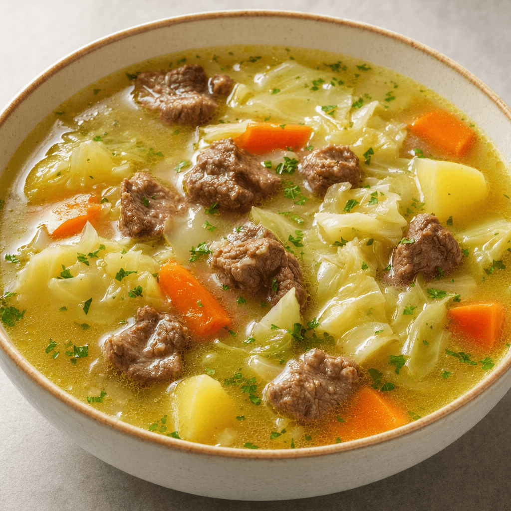 A bowl of lightly cloudy golden broth filled with small browned meat pieces and irregular chunks of pale cabbage, orange carrot and yellow potato, with green herb flecks on top.