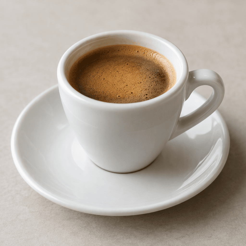 A small cup filled with dark brown coffee, its smooth surface topped with a thin tan foam and no visible sugar crystals, served on a saucer.