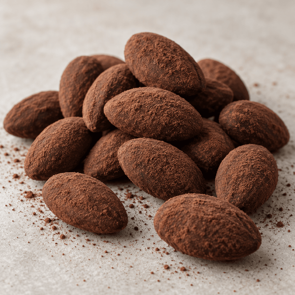 Oval almonds are coated in a fine, matte dark-brown cocoa layer, with a few scattered beside a small pile.