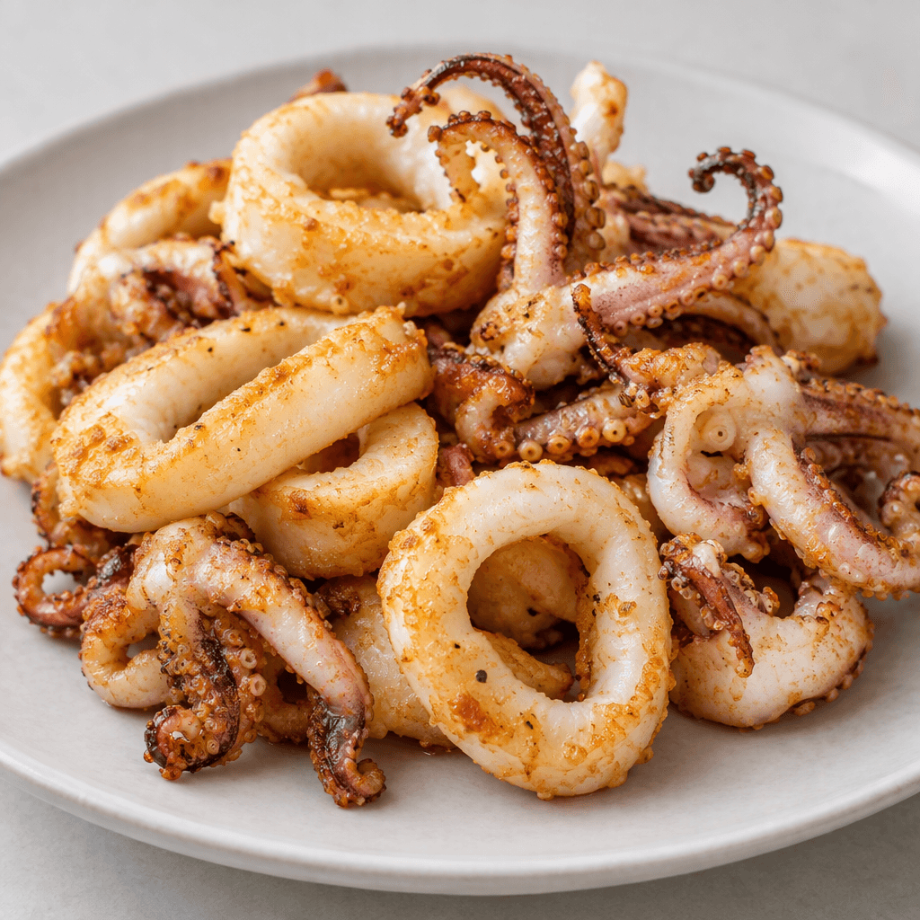 Pale ivory squid cut into thick, smooth rings with curled tentacles, lightly golden and crisp on the outside, arranged on a plate.