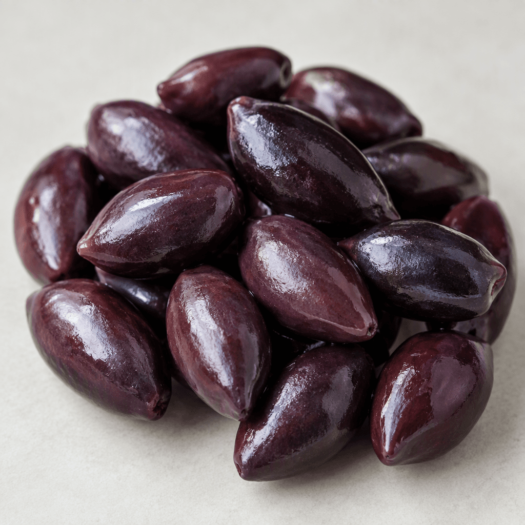 Plump, elongated almond-shaped olives with smooth, glossy skins ranging from deep purple to dark aubergine, often shown whole with pointed ends and a slight natural crease.