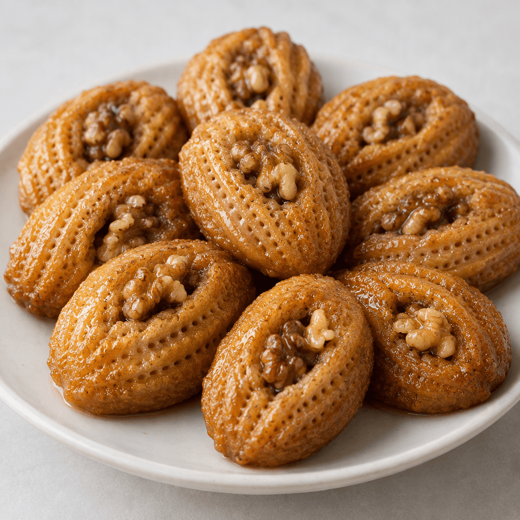 Small oval, golden-brown semolina pastries with ridged, perforated tops, visible walnut filling in their centers, and a glossy syrup sheen, arranged closely on a serving plate.