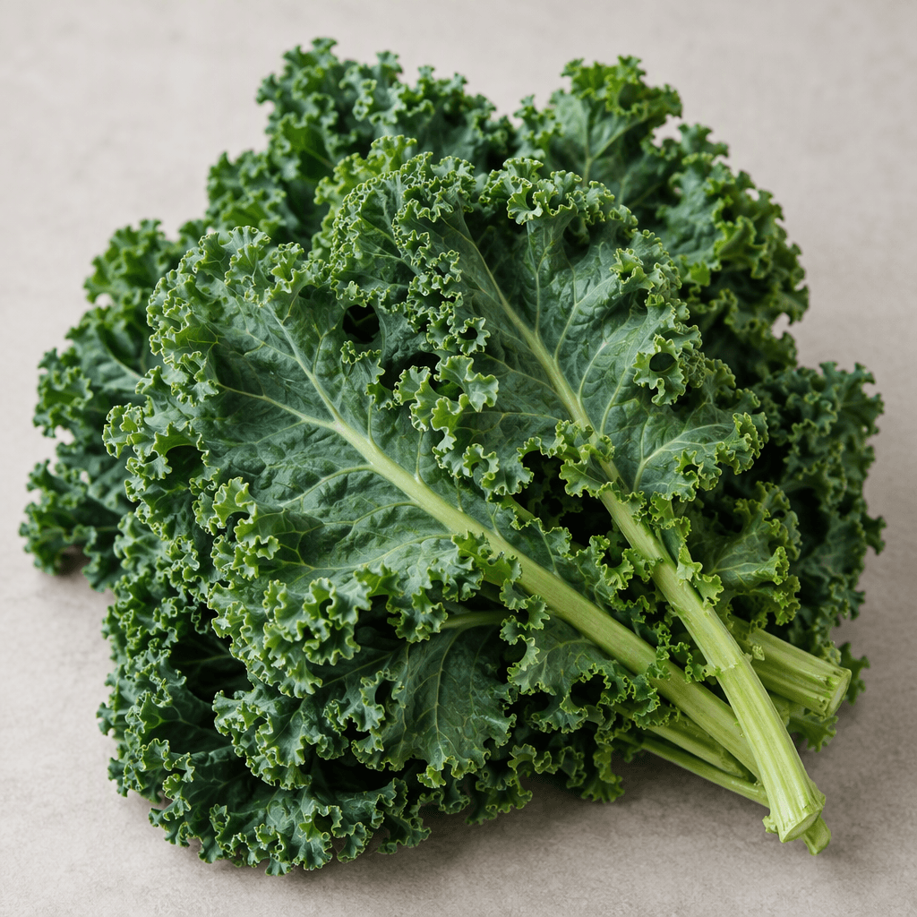 A bunch of dark green kale leaves with broad, deeply ruffled surfaces, wavy edges, and prominent pale green stems, layered loosely on a neutral surface.