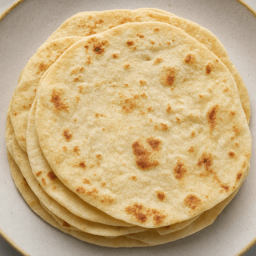 Several thin, soft, pale-beige flatbreads are stacked slightly askew, with scattered light-brown toasted spots and gently uneven edges.