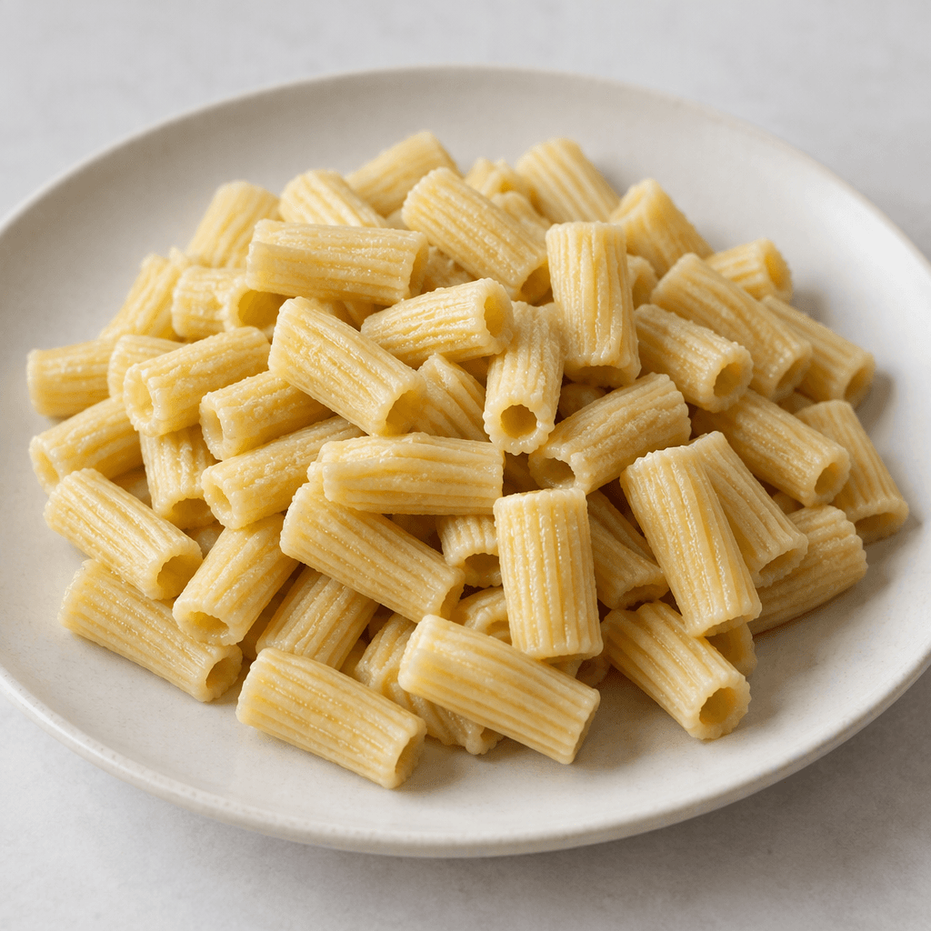Short, pale golden pasta pieces with a firm, slightly matte surface are served in a loose pile on a plate.