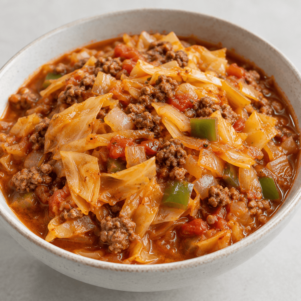A bowl of chopped white cabbage softened into a tomato-red stew, with visible pieces of onion, green pepper and browned minced meat in a glossy, slightly brothy sauce.