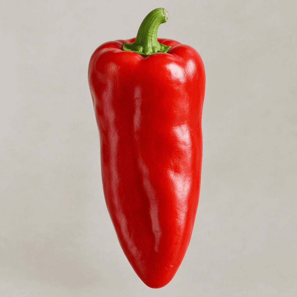 A long, broad-shouldered red pepper with smooth, glossy skin, gently tapering to a rounded point and topped with a short green stem.