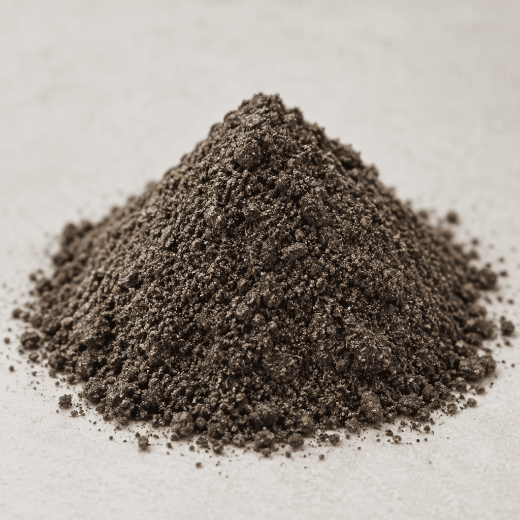 A fine, dark gray-brown powder made of tiny irregular particles, shown as a small loose mound with a slightly coarse, speckled surface.