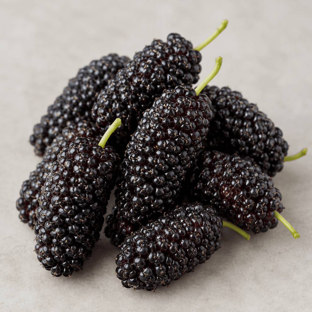 A cluster of elongated black mulberries with glossy deep purple-black surfaces, tightly packed bead-like drupelets, and a few slender green stems.