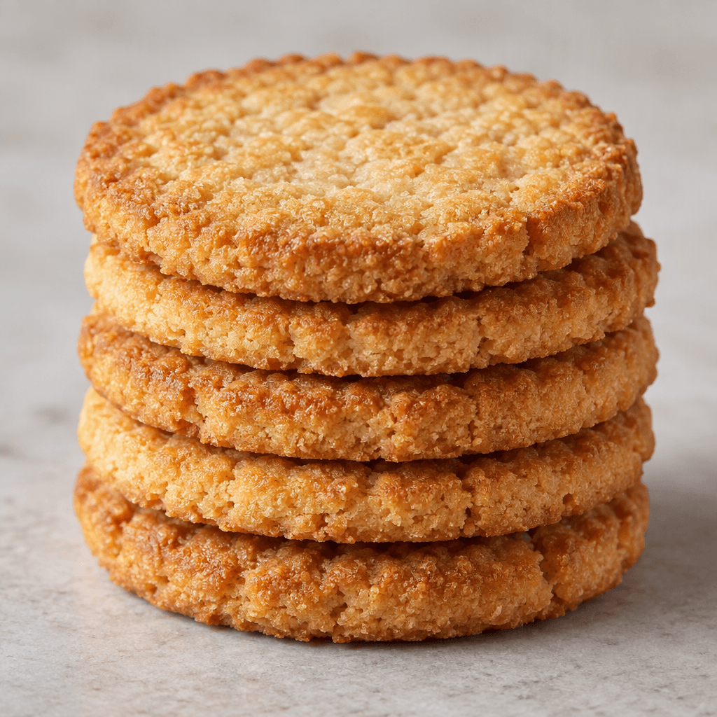 Small, flat golden-brown biscuits with a lightly textured surface are arranged in a neat stack.