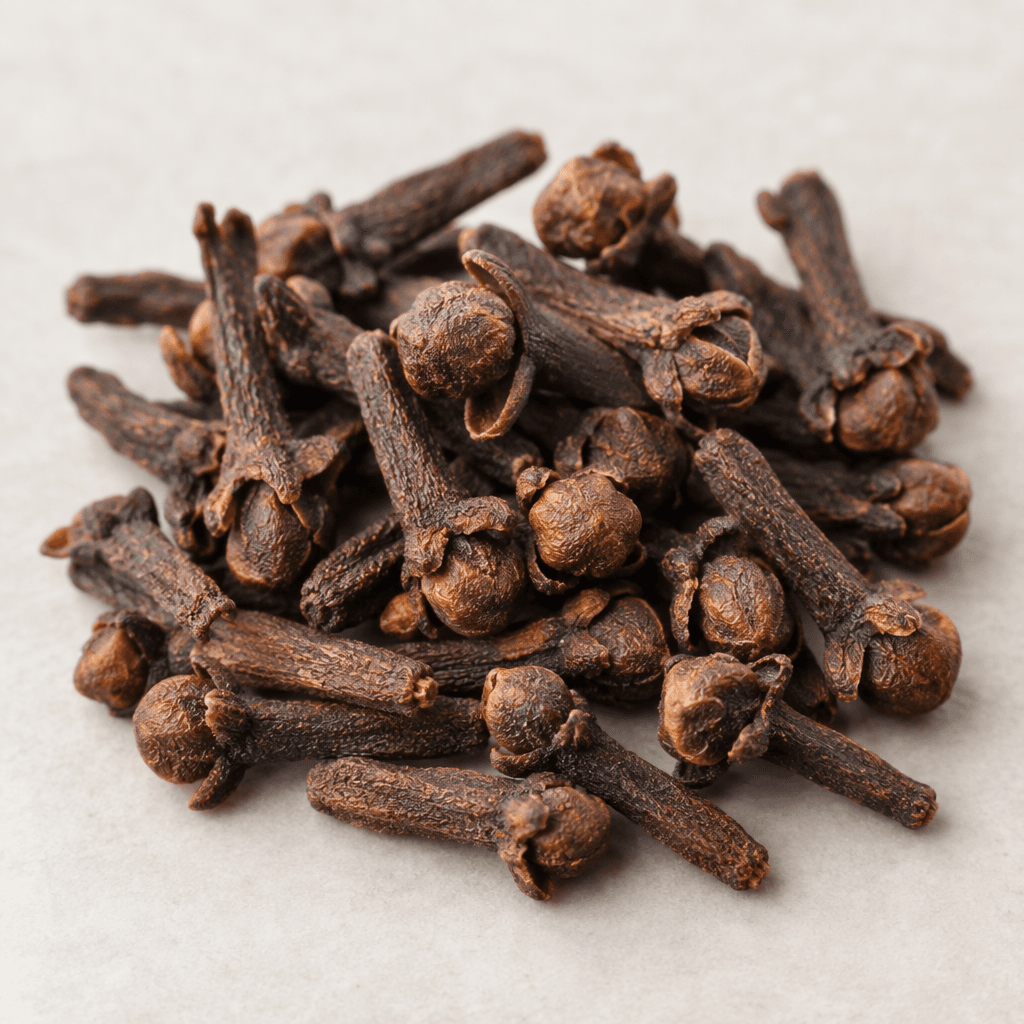 Small dried clove buds are scattered together, each with a short, slender brown stem and a darker, rounded, wrinkled flower head at one end.