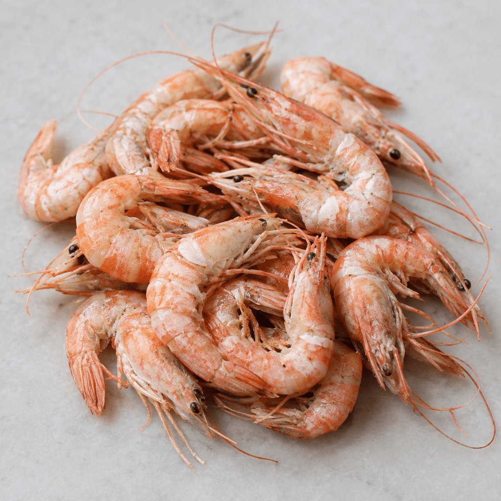 Several small, curved shrimp with segmented pink-and-white shells, slender bodies, pointed tails, tiny legs, and long thin antennae are arranged together on a plain surface.