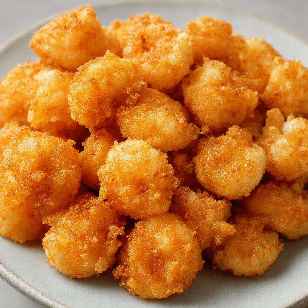 Several bite-sized, roughly round shrimp pieces with a craggy golden-brown coating are arranged on a plate.