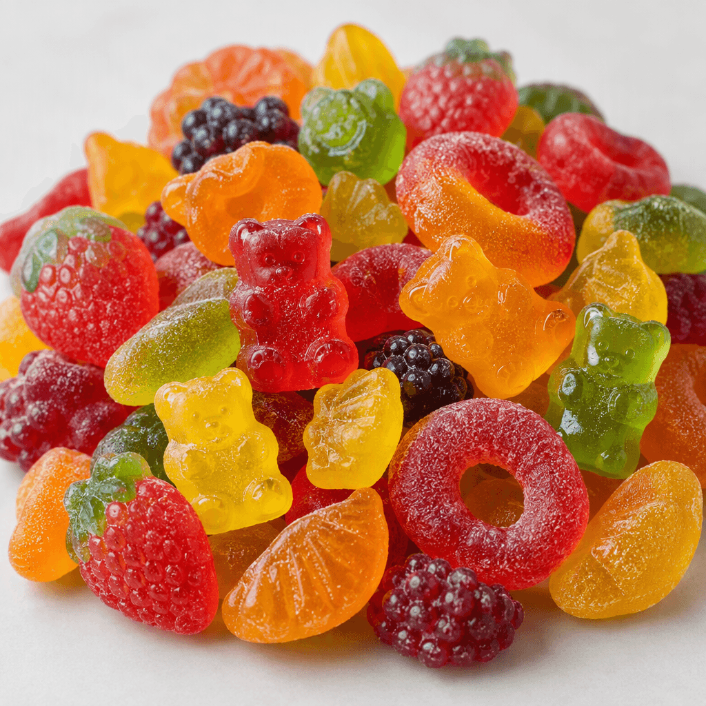 A colorful assortment of small translucent gummy candies in varied shapes, including bears, rings, and fruit-like forms, with shiny, slightly sugar-dusted surfaces piled together.