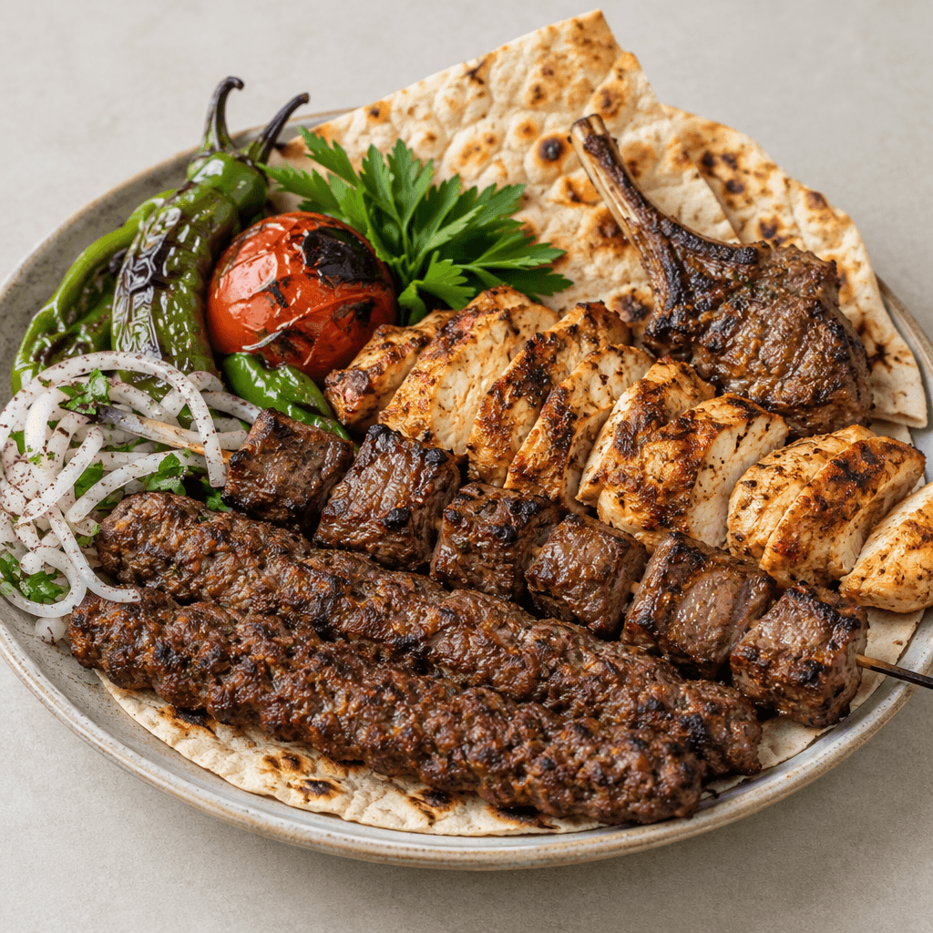 Karışık kebap tabağında dışı iyice kızarmış kıymalı kebap, şişte dizili nar gibi kızarmış et parçaları, dilimlenmiş ızgara tavuk ve küçük bir kuzu pirzola; yanında közlenmiş sivri biber, köz domates, ince soğan dilimleri, maydanoz ve sıcak yassı ekmek bulunur.