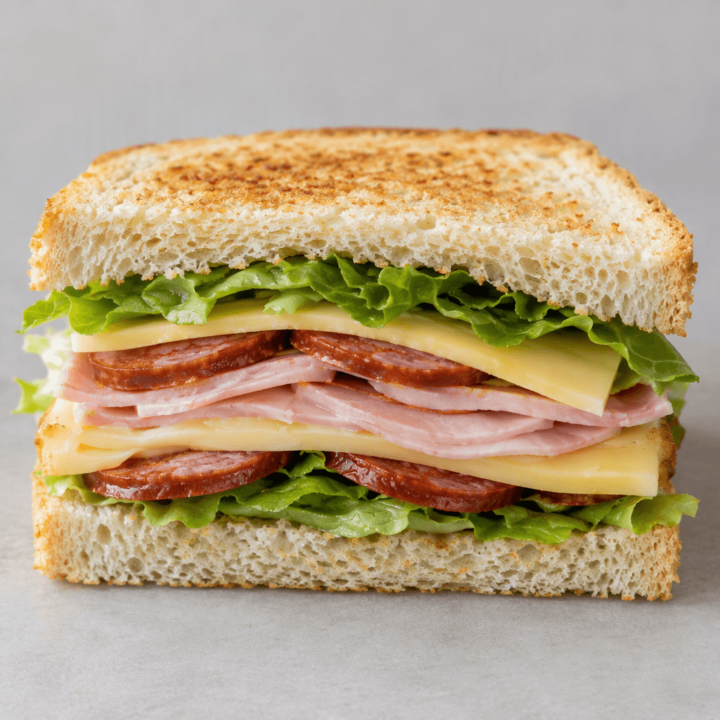 A cut-open mixed sandwich on lightly toasted white bread, showing pale straw-yellow semi-hard cheese, thin reddish-brown sausage slices, pink deli-meat slices, and a few green lettuce leaves layered inside.