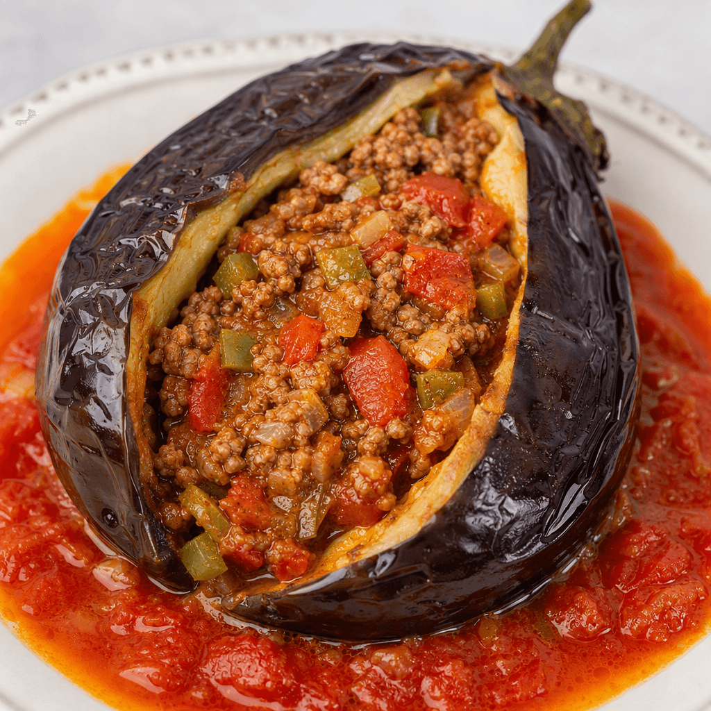 A whole dark-purple eggplant is split lengthwise and opened to reveal a soft pale interior filled with browned ground meat, diced tomato, onion and green pepper, with red tomato sauce pooling around it on a serving dish.