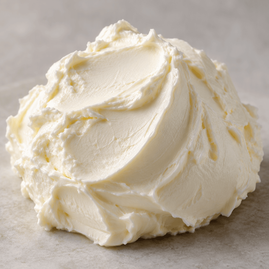 A soft, smooth, ivory-white cheese sits in a small mound, with creamy spreadable folds and rounded edges.