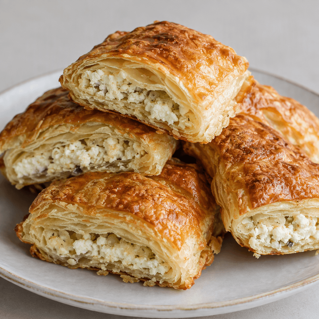 Golden-brown, flaky pastry pieces with visible layers and a soft, crumbly pale cheese filling, arranged on a serving plate.