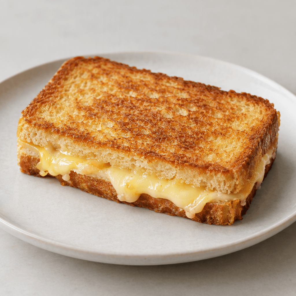 A rectangular toasted bread sandwich with a golden-brown crisp surface, pale straw-yellow melted cheese visible between the slices and slightly spilling from the cut edges, served on a plate.