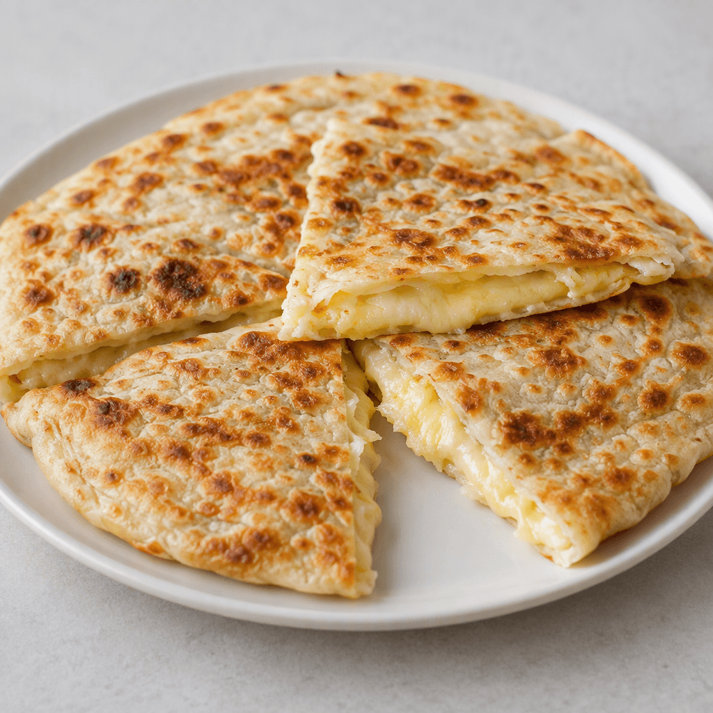 A thin, folded Turkish flatbread with a golden-brown, lightly blistered surface, cut into wedges to reveal pale straw-yellow melted kasar cheese inside, served on a plain plate.