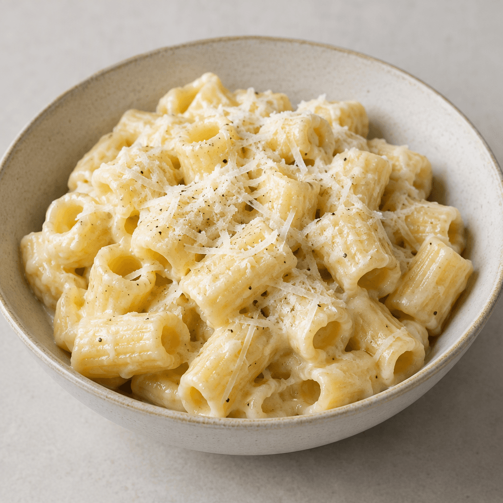 Short cooked pasta pieces are coated in a pale creamy cheese sauce, with a soft, slightly glossy surface and a few fine cheese shavings visible on top, served in a shallow bowl.