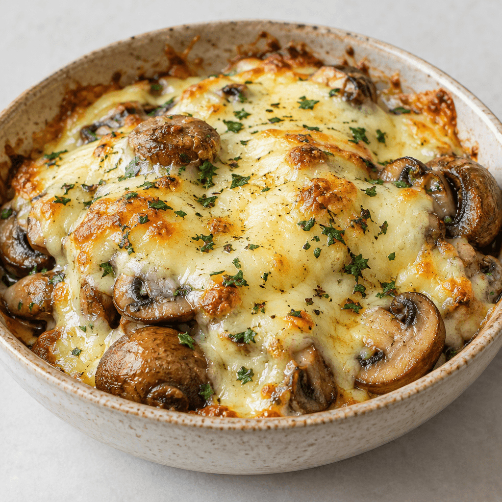 Sliced and whole brown mushrooms sit in a shallow serving dish beneath a layer of glossy, melted pale straw-yellow kaşar cheese, with browned edges and scattered green herb flecks visible on top.