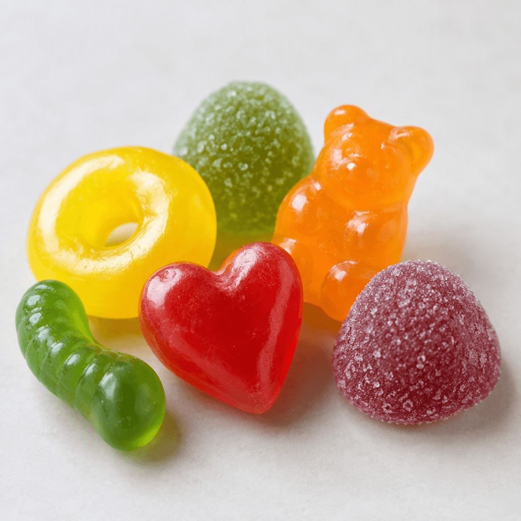 A small assortment of brightly coloured, soft, chewy sweets in varied simple shapes, with smooth, slightly glossy surfaces, arranged together on a plain surface.