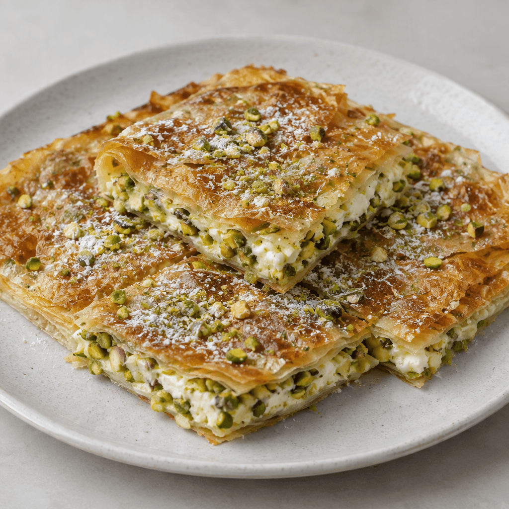 A thin, square, golden-brown flaky pastry with visible crisp layers, filled with pale clotted cream, green pistachio pieces and scattered sugar, served cut into portions on a plate.