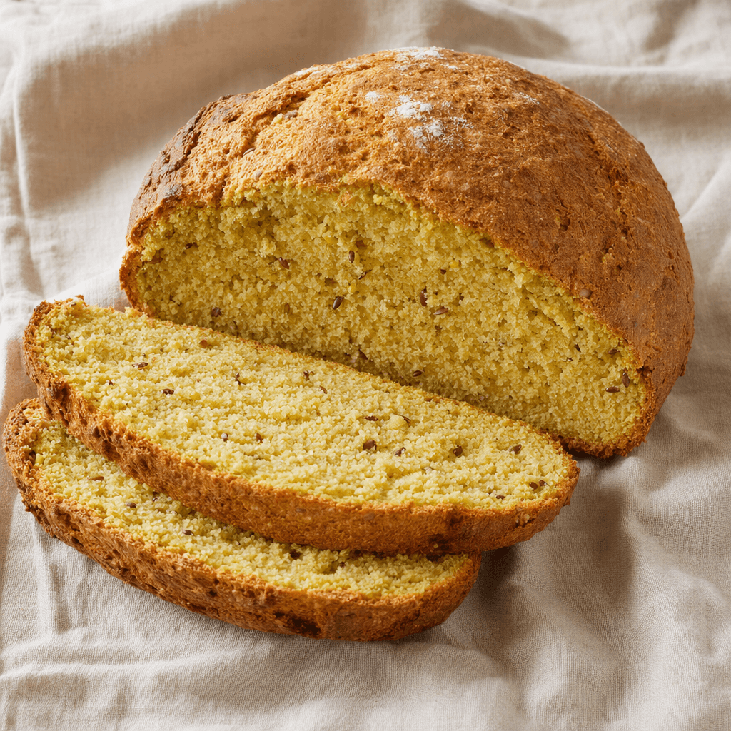 A rustic, round loaf with a golden-brown, lightly cracked crust and a dense, warm-yellow crumb dotted with small grains, with a few slices beside it.