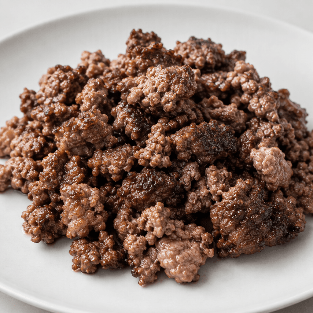 Loose, irregular crumbles of browned ground beef with a deep brown exterior and a few lighter pinkish-brown pieces, appearing moist and slightly glossy, piled casually on a plain plate.