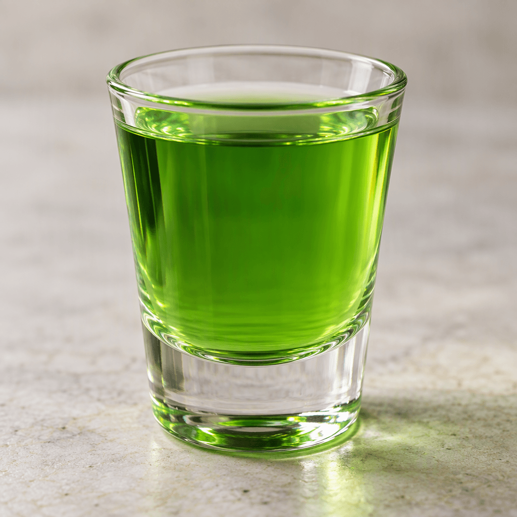 A small clear glass holds a translucent, vivid emerald-green melon liqueur with a smooth, glassy surface.