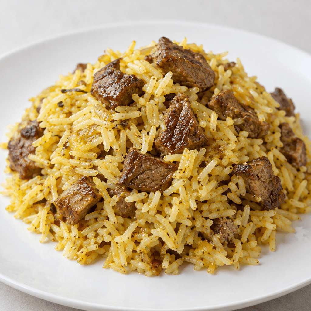 A mound of fluffy golden rice pilaf is topped with and dotted throughout by small browned pieces of sautéed meat, with individual grains and a lightly glossy surface visible on the plate.