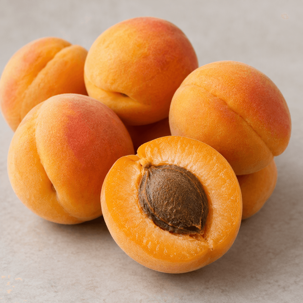 Several fresh apricots with small oval, slightly flattened shapes, velvety golden-orange skin, a shallow seam running down each side, and one halved fruit showing soft orange flesh around a large brown pit.