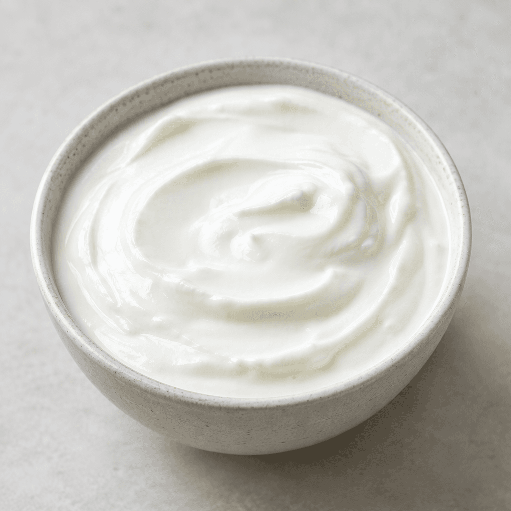 A bowl of thick, smooth white yogurt with a glossy, creamy layer visible across the surface.