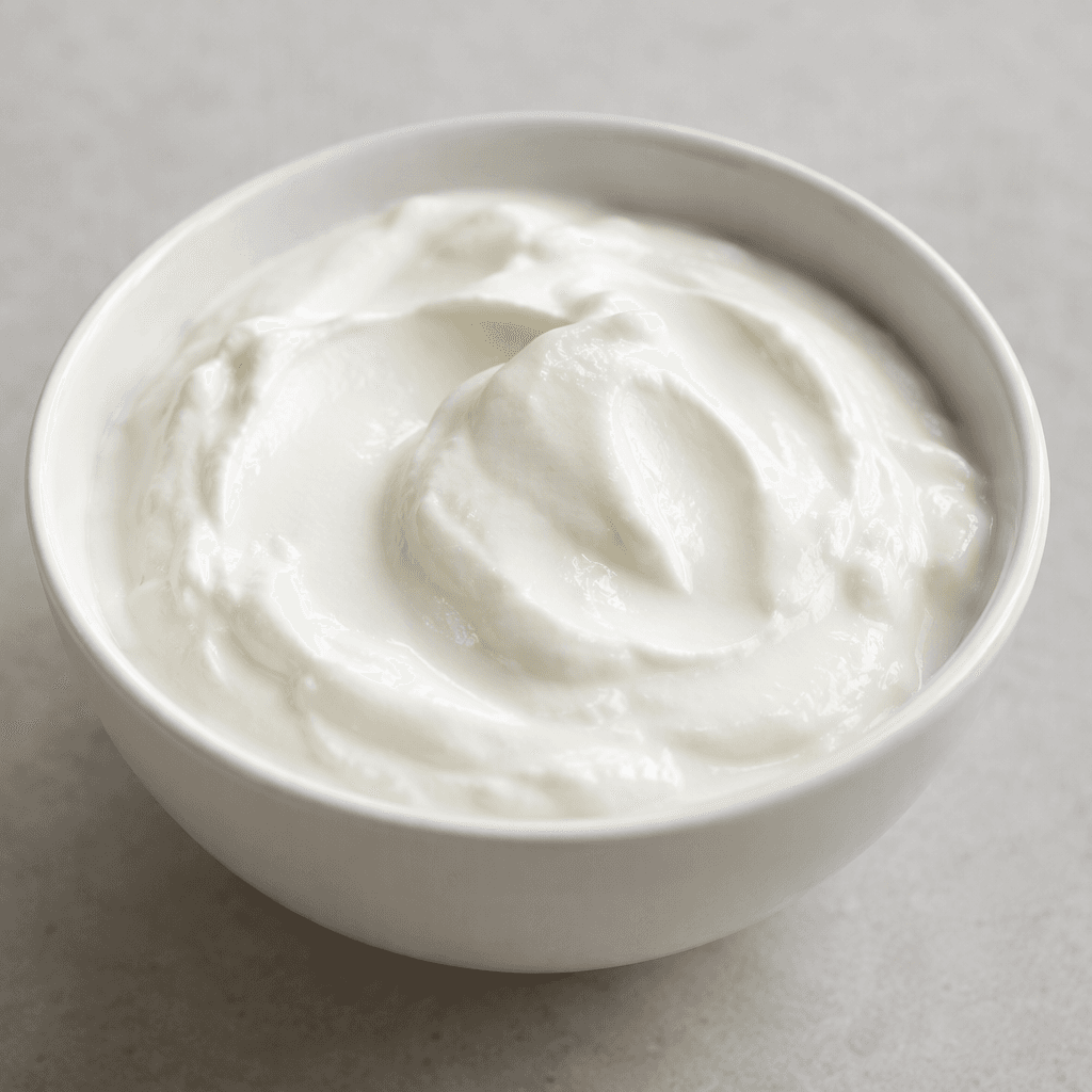 A smooth, glossy, thick white yogurt with a creamy, spoonable texture, served in a small plain bowl with soft mounds and faint swirl marks on the surface.
