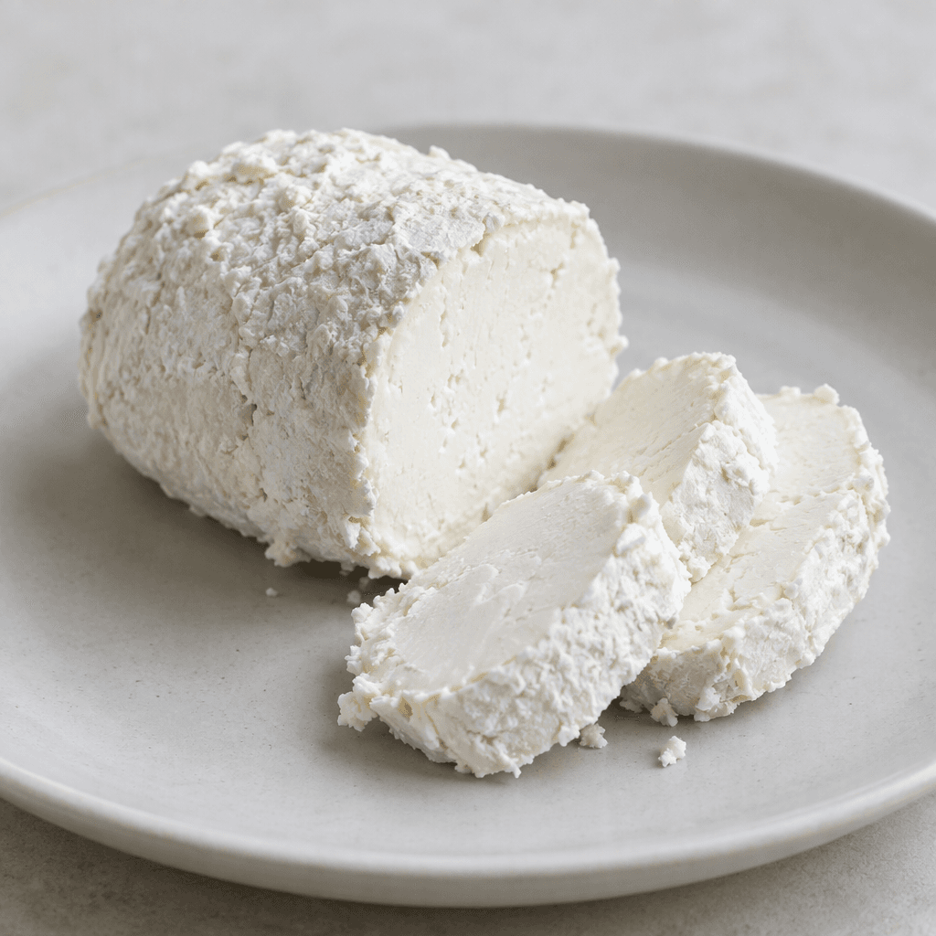 Soft white goat cheese presented as a small, irregular log with a crumbly, slightly grainy surface and a few cleanly cut slices beside it on a plain plate.