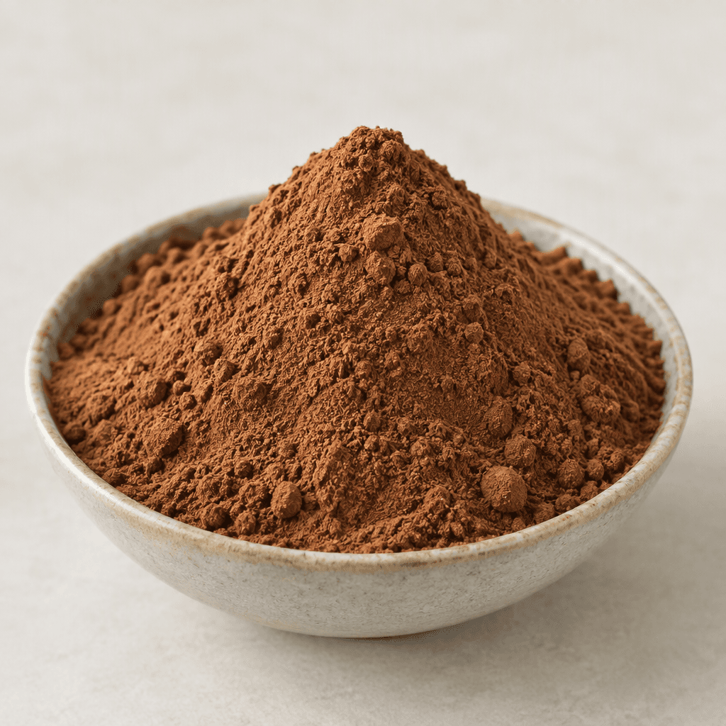 Fine, loose carob powder forms a smooth mound of warm reddish-brown dust in a shallow bowl, with a soft, matte texture and a few tiny clumps visible on the surface.
