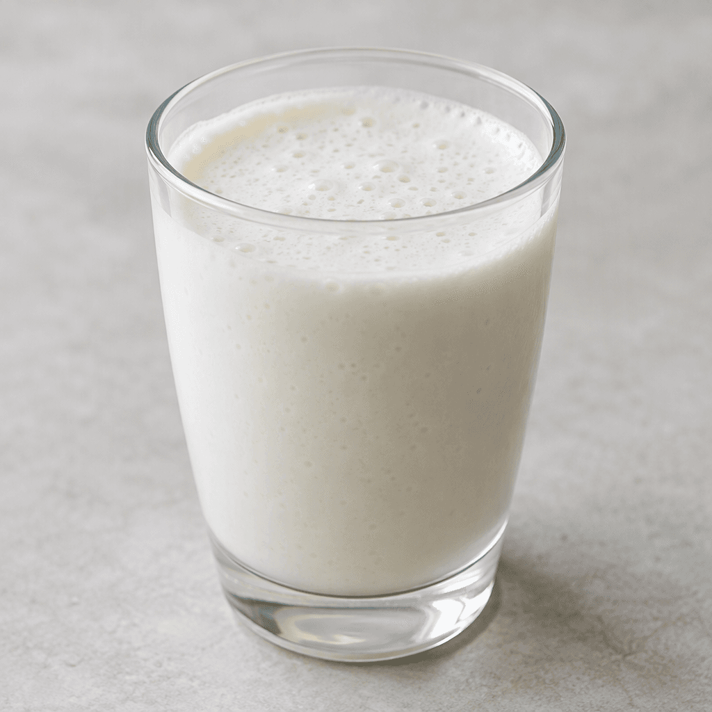 A pale white, smooth, pourable kefir with a lightly foamy surface and tiny bubbles, served in a clear glass.