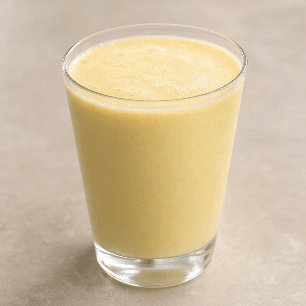 A smooth, creamy pale-yellow banana dairy drink fills a clear glass, with no visible pieces or garnish.